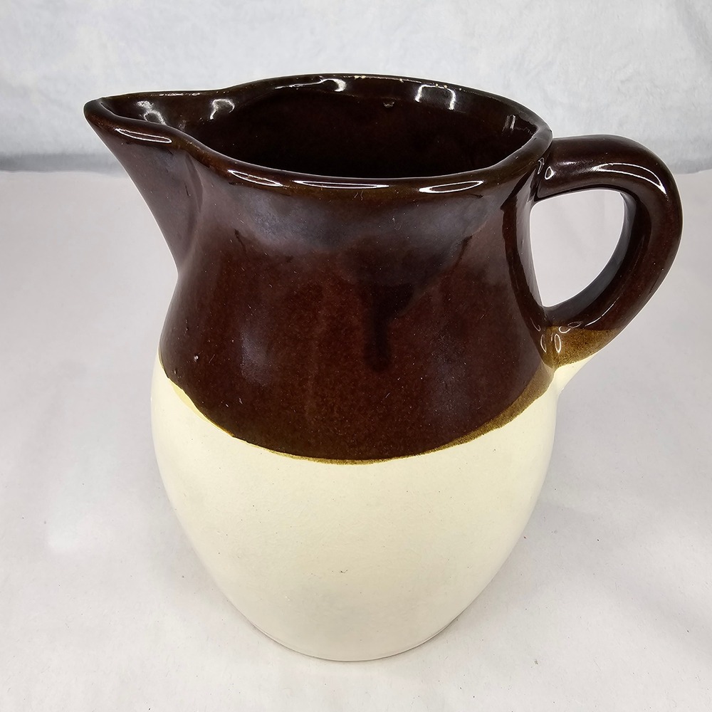 Vintage USA Stoneware Pitcher Brown Rustic Cream Farmhouse Kitchen Decor‎
